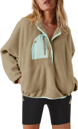 Vista 19 de Nirovien - Chaqueta de forro polar con capucha para mujer, manga larga, sherpa, sudadera mullida, abrigada, con botones y bolsillos Un rosa