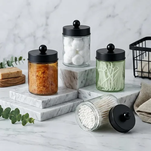 Vista 7 de Amolliar Apothecary Tarros organizador de tocador de baño, tarro de encimera con tapa de almacenamiento, soporte dispensador de vidrio para Qtips