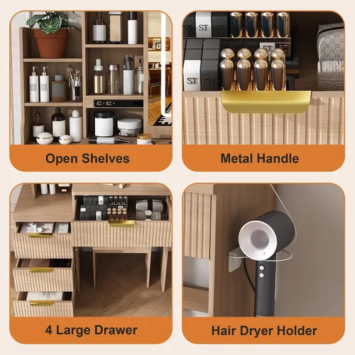 Vista 5 de Elysionix Pequeño escritorio de maquillaje a rayas de madera con espejo deslizante, luz ajustable, toma de corriente, taburete acolchado, estante