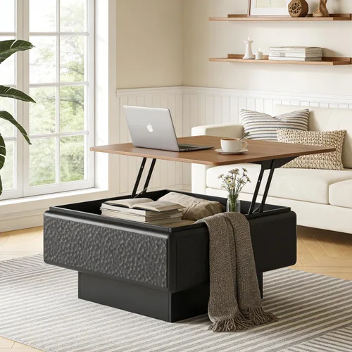 Vista 15 de Henf Mesa auxiliar elevable con almacenamiento, mesas de centro de madera maciza de 47.24 pulgadas con parte superior elevable, 3 bandejas