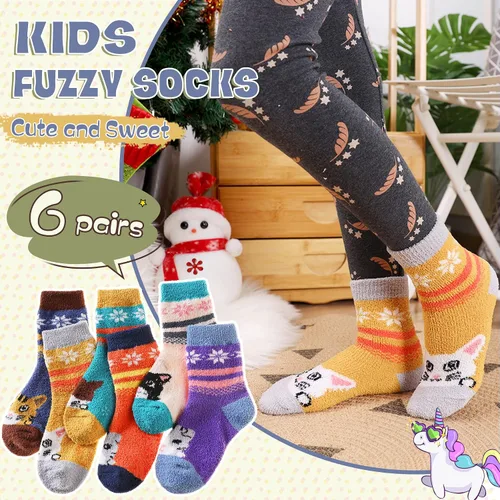 Vista 5 de Calcetines peludos para niños y niñas con agarres antideslizantes suaves cálidos acogedores para invierno mullidos para niños y niñas