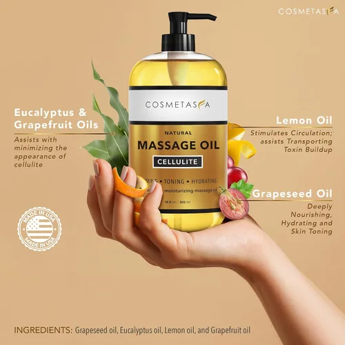Vista 2 de Cosmetasa Kit de aceite de masaje – Aceite de masaje anticelulitis con café arábica orgánico exfoliante facial y corporal, guantes exfoliantes