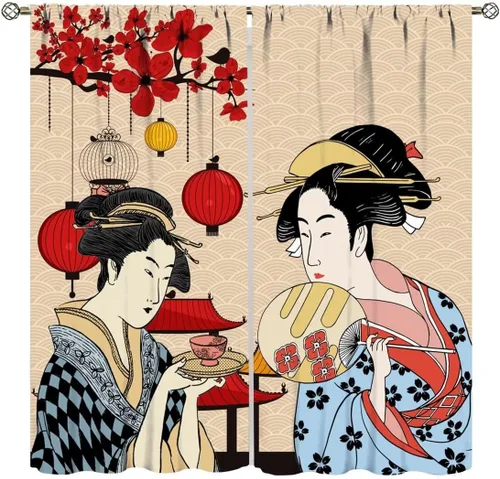Vista 12 de Cortinas de estilo japonés, Kyoto Geisha Girls Asian Ink Painting - Cortinas de tela de poliéster con estampado de Japón antiguo para dormitorio