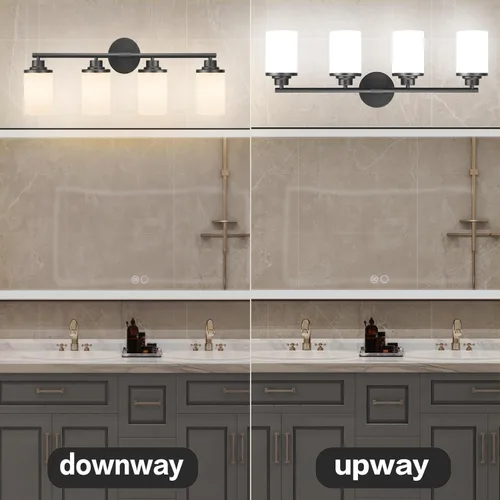Vista 2 de Lámparas de baño, luces de baño negras mate, luz de tocador de 4 luces sobre espejo, moderna lámpara de tocador con vidrio esmerilado