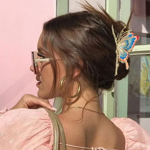 Vista 3 de Grandes pinzas de mandíbula de metal antideslizantes con mariposa brillante para mujeres - Agarre fuerte y bonito, accesorios para el cabello