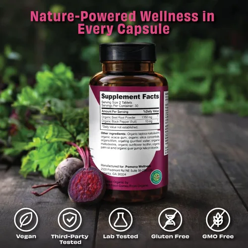 Vista 3 de Pomona Wellness Cápsulas de suplemento de remolacha de 1350 mg, apoya la presión arterial, la salud cardíaca, la circulación, la energía