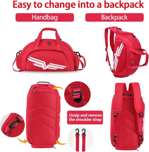 Vista 5 de FIORETTO Bolsa de deporte para hombre con bolsillo húmedo y compartimento para zapatos, ideal para viajes, gimnasio, deportes, natación, B-rojo