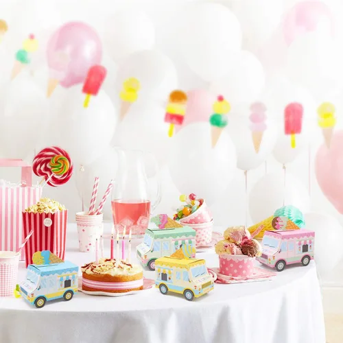 Vista 5 de Bessmoso - Cajas de regalo de fiesta de helados con forma de camión de helados, cajas de dulces para verano, cajas de dulces con chispas temáticas