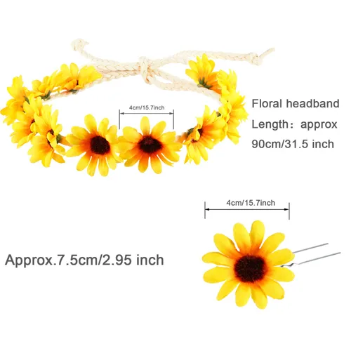 Vista 6 de 18 accesorios para el cabello de girasol, 3 diademas florales y 15 pinzas para el cabello para mujeres y niñas, corona bohemia de girasol, corona