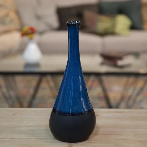 Vista 2 de Urban Trends Florero de gres redondo de boca pequeña, cuello largo y borde con bandas negras LG Gloss Finish Blue Jarrón