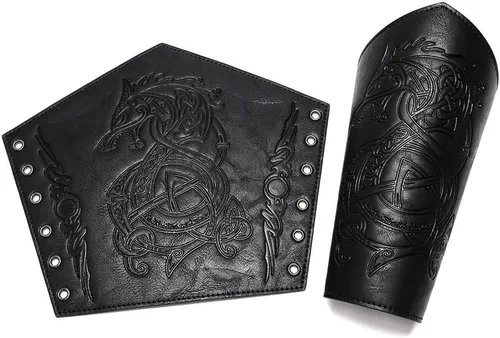 Vista 4 de Brazales de cuero medievales con diseño de dragón en relieve de cuero vikingo brazos, brazalete de cuero, guantelete de cuero, accesorios