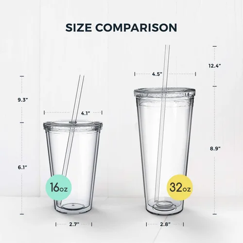 Vista 7 de Maars - Vaso transparente clásico con tapa y pajilla, acrílico prémium de 16 onzas, vasos reutilizables de plástico de doble pared con aislamiento