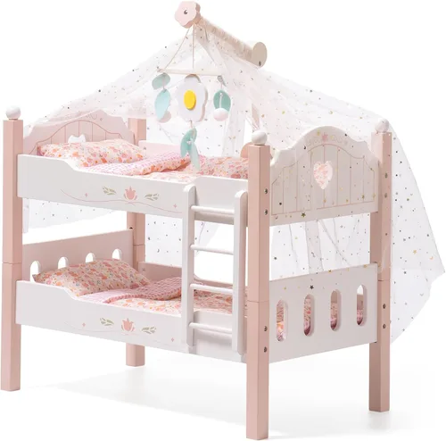 Vista 11 de ROBOTIME Literas de muñeca de bebé, cunas de madera para muñecas de 18 pulgadas, cama apilable para muñecas de muñeca para muñecas americanas