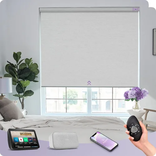 Vista 31 de Graywind Persianas enrollables motorizadas 100% opacas compatibles con Alexa Google, de vinilo, impermeables, inalámbricas, control remoto A-Beige