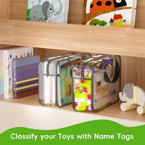 Vista 6 de Juego de 4 bolsas de almacenamiento de juguetes con cremallera para niños y niñas, bolsas organizadoras grandes de PVC con bolsillos laterales