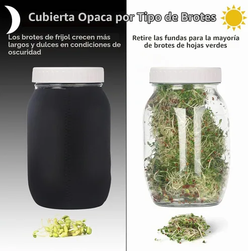Vista 2 de Kit completo de tarros de germinación 2 tarros de albañil de boca ancha, tapas de brotes con malla 316, fundas oscuras, bandeja, soporte Set