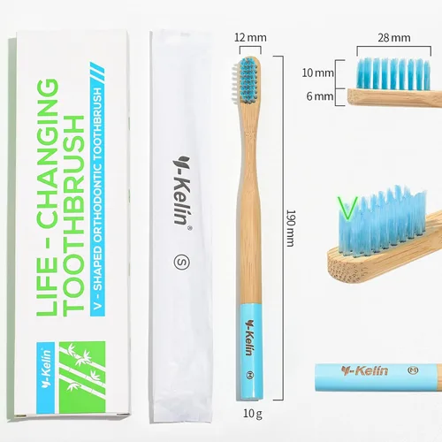 Vista 5 de Y-Kelin Cepillo de dientes ortodóntico en forma de V de bambú, 3 piezas, rosa