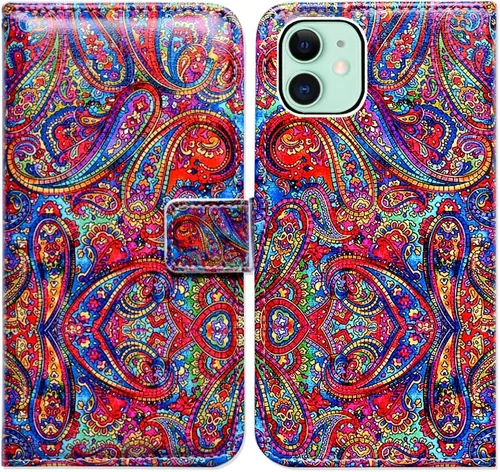 Vista 25 de Bcov Funda para iPhone 11, funda de piel con tapa y función atril para iPhone 11, diseño de flores y mariposas azules