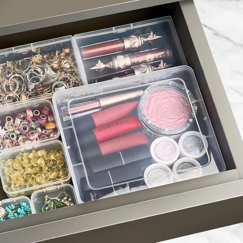 Vista 5 de Paquete de 7 mini recipientes de plástico rectangulares de varios tamaños, cajas de almacenamiento de plástico transparente con tapas con bisagras