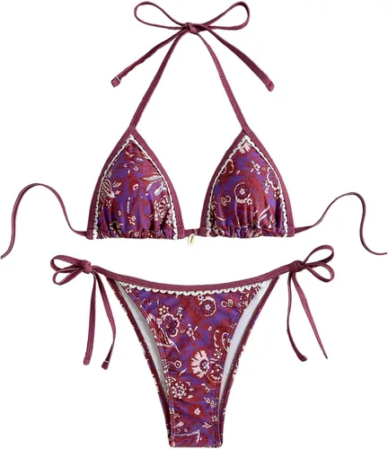 Vista 14 de WDIRARA Traje de baño de dos piezas para mujer estilo boho con estampado floral, conjunto de bikini halter con tiras en forma de triángulo