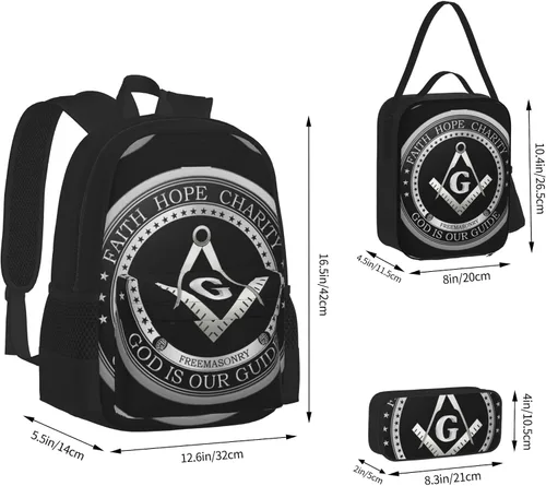 Vista 2 de SWEET TANG Mochila escolar para estudiantes, con logotipo masónico de Fe, Esperanza y Caridad, Masón, Negro, Viaje, Senderismo, Gran Capacidad
