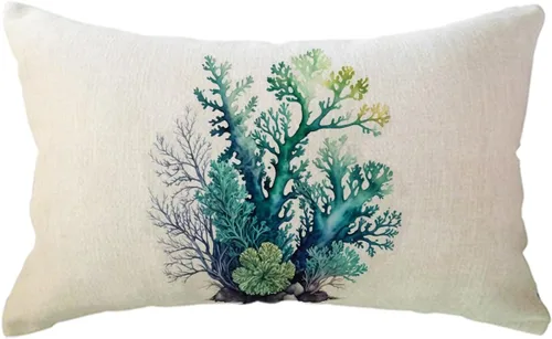 Vista 9 de ULOVE LOVE YOURSELF Funda de almohada de acuarela coral con diseño de planta de follaje de árbol de mar, océano náutico, playa, casa, fundas