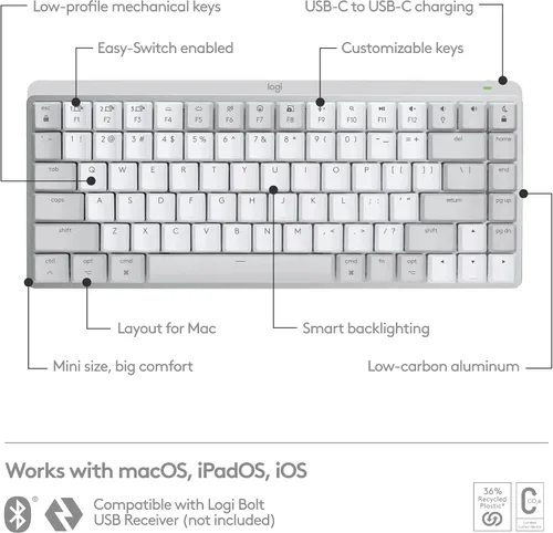 Vista 5 de Logitech Mini teclado mecánico MX + mouse inalámbrico MX Master 3S para Mac, teclas retroiluminadas de perfil bajo, interruptores táctiles más