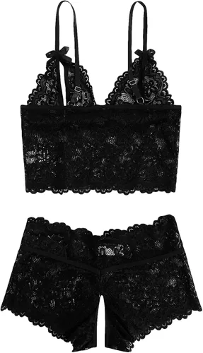Vista 2 de SweatyRocks Conjunto de lencería de 2 piezas para mujer, brasier con corte de encaje transparente y braga de peluche