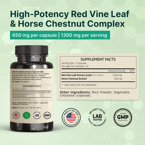 Vista 2 de VINATURA Extracto de hoja de vid roja, castaño de indias, 1300 mg/porción, circulación y apoyo venoso para piernas saludables, ayuda al flujo