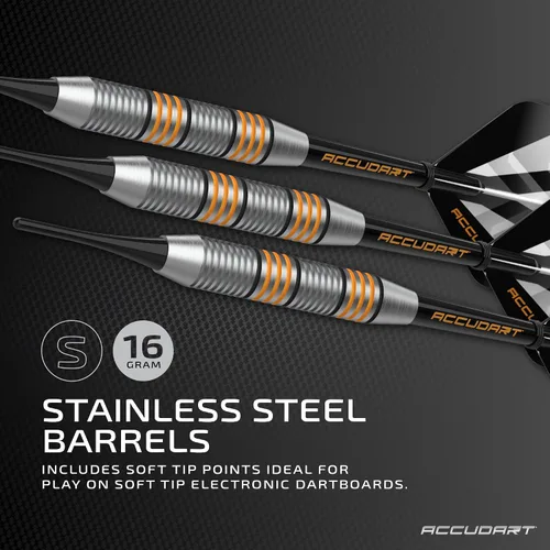 Vista 2 de Accudart Soft Tip Dart Set 2.0 - Barril de acero inoxidable, ranuras radiales, ejes de policarbonato, vuelos estándar, estuche de almacenamiento