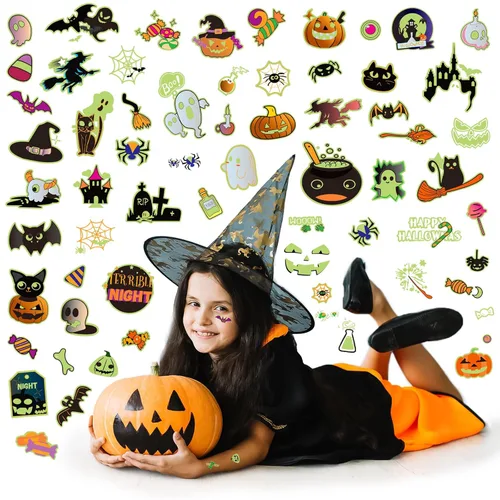 Vista 6 de 124 tatuajes temporales de Halloween que brillan en la oscuridad para niños, calcomanías de tatuaje falsas luminosas impermeables para fiesta
