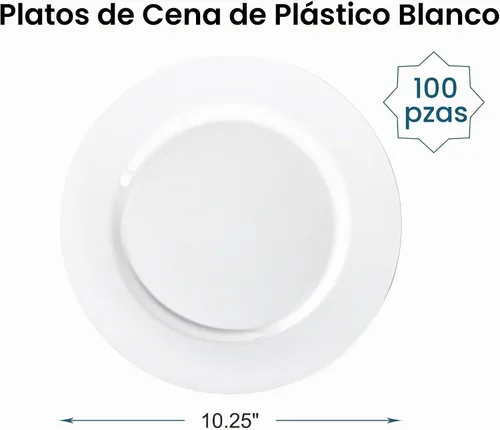 Vista 2 de N9R - 100 platos de plástico blanco desechables, platos de cena resistentes de 10.25 pulgadas