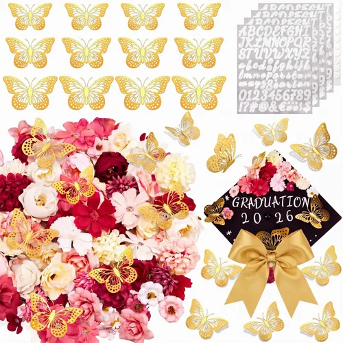 Vista 10 de Hanaive Kit de decoración de 76 piezas de birrete de graduación, incluye flores sintéticas 3D mariposa alfabeto letras calcomanías para graduación