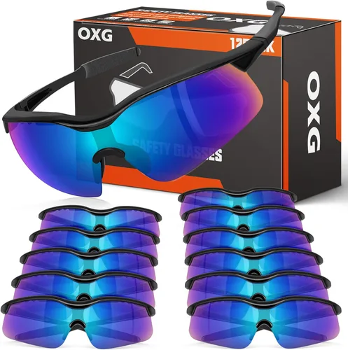 Vista 10 de OXG Paquete de 12 lentes de seguridad, ANSI Z87.1, resistentes a los impactos, antiatascos, para hombres, mujeres y jóvenes
