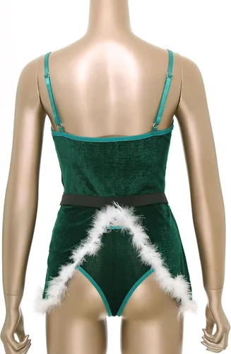 Vista 4 de Ropa interior de Navidad para mujer, sin mangas, de terciopelo, sexy, minivestido con bragas, cinturón, camisón de Santa Verde oscuro