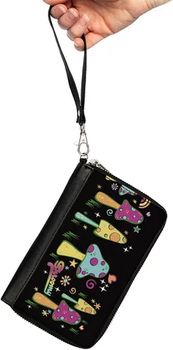 Vista 2 de Buckle-Down Billetera, Cremallera Alrededor, Seta Shspacious Vibrant Garden Negro Multicolor, Cuero Vegano, MUSHROOMS