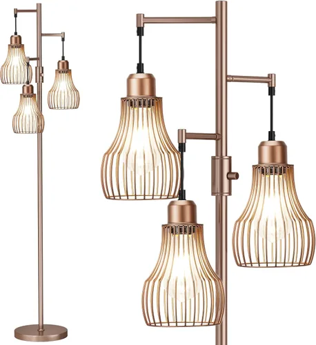 Vista 7 de Ziisee Lámparas de pie regulables para sala de estar, lámparas altas de pie industriales con forma de árbol con 3 elegantes pantallas de jaula