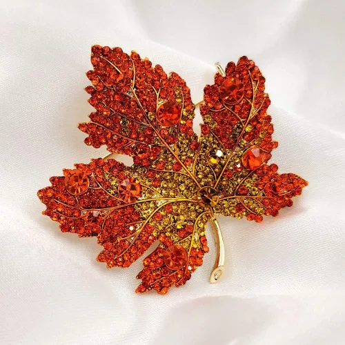 Vista 3 de Vintage elegante completo micro pavimentar amarillo naranja rojo cristal grande hoja de arce broche pin otoño joyería