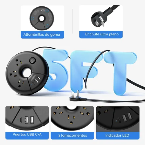 Vista 2 de NTONPOWER Regleta de alimentación de viaje, regleta portátil aprobada para cruceros con 3 tomas, 3 USB (1 USB C), cable de extensión de viaje de 5