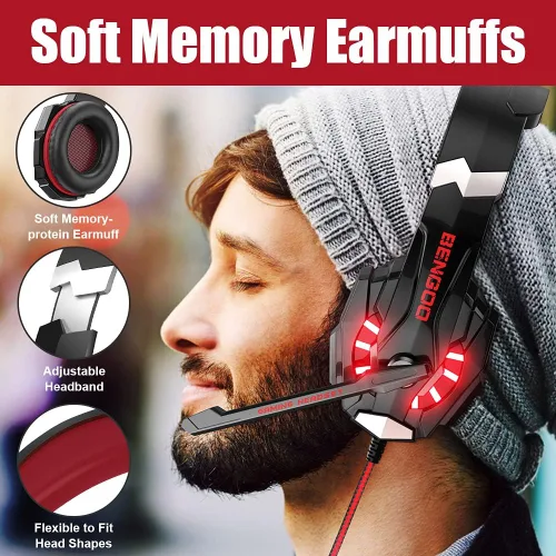 Vista 4 de BENGOO Auriculares estéreo Pro Gaming para PS4, PC, controlador Xbox One, cancelación de ruido sobre la oreja con micrófono, luz LED, sonido