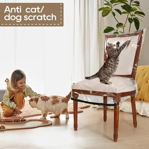Vista 6 de Paquete de 4 fundas de plástico para sillas de comedor con respaldos, protector de asiento impermeable de PVC transparente para 21 x 19 pulgadas
