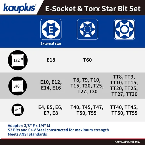 Vista 6 de 37 piezas S2 Star Bit Socket y juego de zócalo externo, 1/4 pulgadas, 3/8 pulgadas y 1/2 pulgadas - (T8- T55 /TT8 - TT55, E4- E18)
