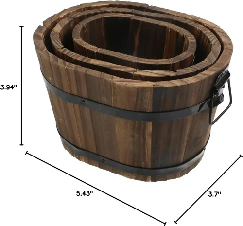 Vista 6 de MY MIRONEY - Juego de 3 macetas ovaladas de madera, tamaño pequeño, mediano y grande Cubo de madera de estilo vintage Jardín rústico maceta