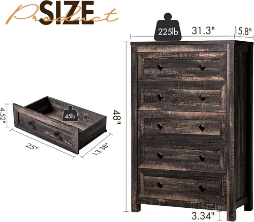 Vista 2 de VanAcc Cómoda de 5 cajones para dormitorio, cómoda de madera de granja de 47 pulgadas de alto para armario, cómoda de textura natural para Roble
