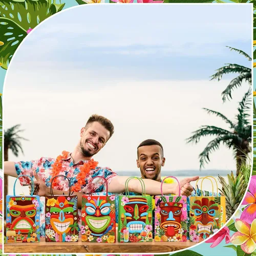 Vista 5 de 24 bolsas de regalo para fiesta Luau, bolsas de papel Aloha hawaianas, bolsas de regalo para fiesta Tiki, bolsas de regalo tropicales con asas