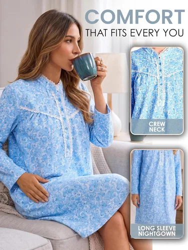 Vista 4 de Casual Nights Camisón de franela con flores de manga larga para mujer Azul