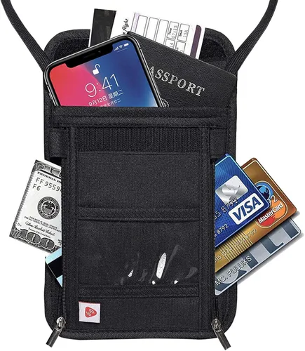 Vista 2 de Cartera de cuello con bloqueo RFID, bolsa de viaje para pasaporte para mujeres y hombres, color negro