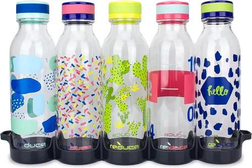 Vista 12 de REDUCE WaterWeek - Botellas de agua reutilizables Tritan de 14 onzas, incluye 5 botellas a prueba de fugas y bandeja para refrigerador, sin BPA
