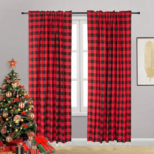 Vista 9 de ShinyBeauty Cortinas de cocina a cuadros negros de búfalo 2 paneles de cortinas opacas con borlas y bolsillo para barra, cortinas opacas de 63