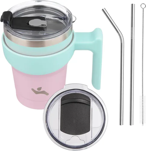 Vista 73 de Konokyo - Vaso de 10 onzas con asa y 2 popotes, 2 tapas, botella de agua aislada de acero inoxidable, taza de viaje reutilizable, color verde militar